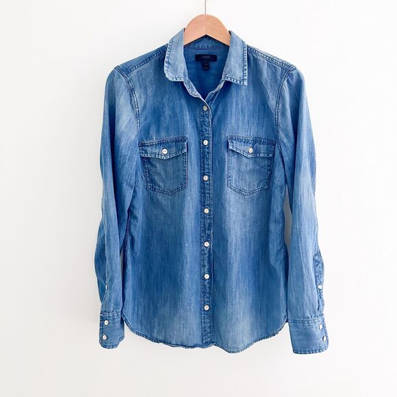 J. Crew Chambray Denim Shirt | Womens Button Front Top | Classic Casual Staple - Picture 8 of 9